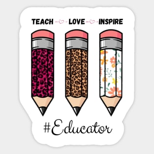 Teach Love Inspire, Back To School Pencil Educator Leopard Floral Gift For Teacher Sticker